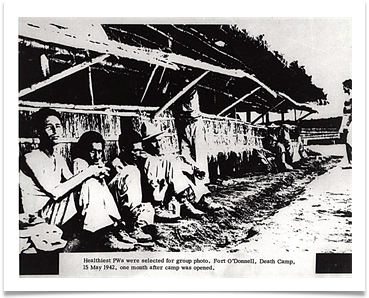 The healthiest Prisoners of War were selected for this group photo. Taken at Fort o'Donnell, Death camp, May 15, 1942 one month after camp was opened.